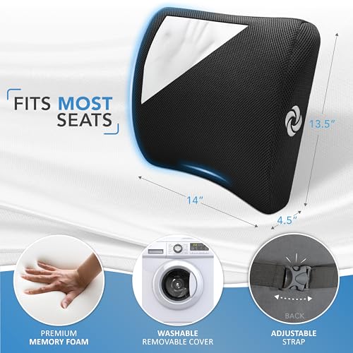 Image of Samsonite Lumbar Support Pillow for Office Chair and Car Seat, Perfectly Balanced Memory Foam, Versatile Use Lower Back Cushion, Black Plush