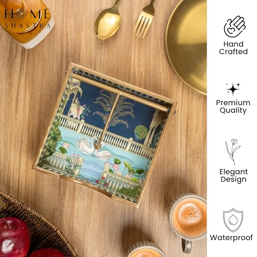 Image of Wooden Napkin Holder with Gold Engraving | Pack of 1 | Size : 7.5 x 7.5 inch | Enamel Coated Waterproof | Tissue Holder for Dining Table | (Swan Napkin Holder)