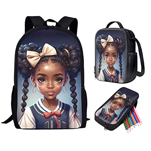 African Girl Backpacks with Lunch Box for Girls 8-10,3 Pieces Kids School Bag Set Cute Backpack for Girls 10-12,Children Heavy Duty Outdoor Back Pack 17 inch