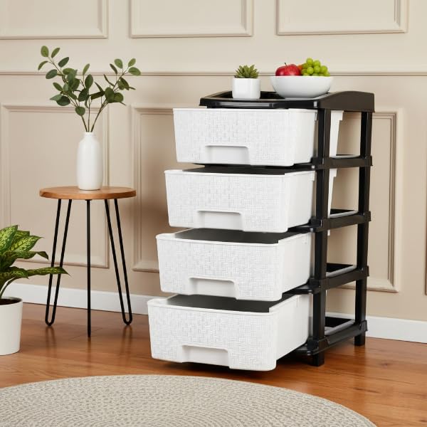 Image of Plastic Modular Drawer Storage Chest Of Drawers Organizer Storage Box, Large Stomo Racks For Multipurpose Anti-slip Shoes Organizers (White & Black, 4 Layer)