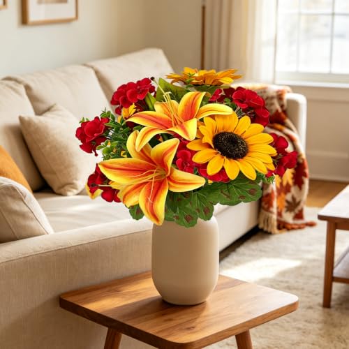 Image of Artificial Fall Flower Faux Sunflower 13.8 inch Fake Lily Silk Flower