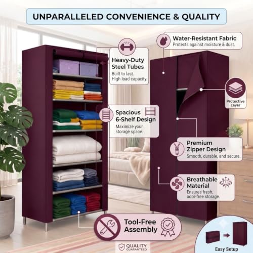Image of Ulif Multipurpose ๐๐ผ๐น๐น๐ฎ๐ฝ๐๐ถ๐ฏ๐น๐ฒ ๐ช๐ฎ๐ฟ๐ฑ๐ฟ๐ผ๐ฏ๐ฒ Cabinet | ๐๐ผ๐น๐ฑ๐ฎ๐ฏ๐น๐ฒFabric Organizer with ๐ฒ ๐ฆ๐ต๐ฒ๐น๐๐ฒ๐ | Portable Clothes ๐ฆ๐๐ผ๐ฟ๐ฎ๐ด๐ฒ ๐ฅ๐ฎ๐ฐ๐ธ for Bedroom (MAROON)
