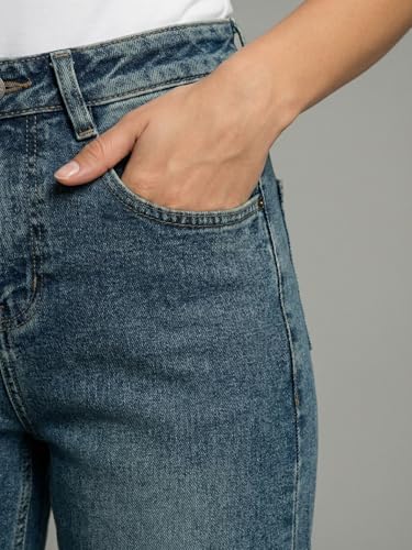 Image of Urbano Fashion Women's High Rise Straight Fit Washed Jeans Non-Stretchable