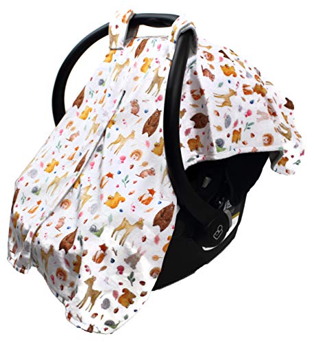 Image of Dear Baby Gear - Baby Car Seat Canopy - Infant Car Seats Covers - Carseat Canopies for Boys & Girls - Toddler Carseat Cover w /Snap Opening (Dainty Forest Animals Nuts and Berries, Light Gray 40 inchx30 inch)