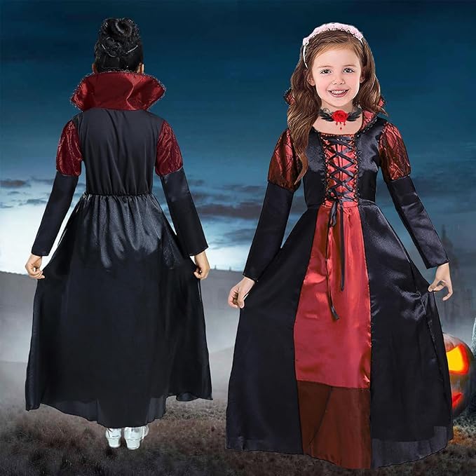 ATOWORLD Halloween Vampire Costume Kids Girls 7-8 8-9 Years with Mask Vampire Outfit Fancy Dress Kid Girls Black Vampire Dress Up Girl Gothic Royal Vampire Queen Princess Costume Kids (L) - Image 2