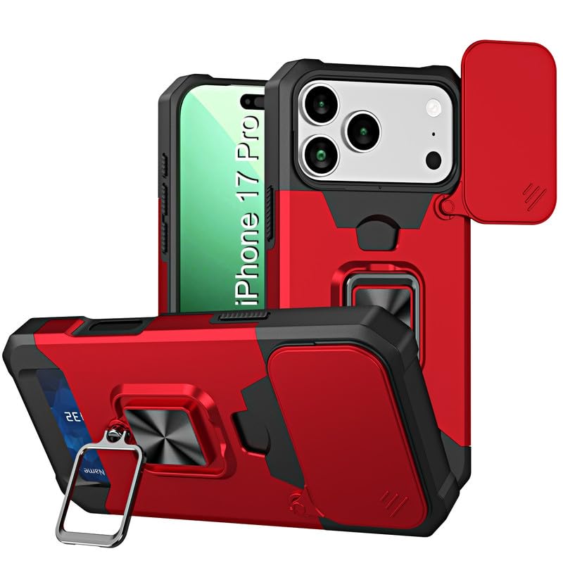 Image of LuxuryKase Shockproof Armor Case for iPhone 17 Pro | Slide Camera Cover | Hidden Card Slot | Rotating Ring Kickstand | Magnetic Car Mount Support | Military Grade Protection - Red