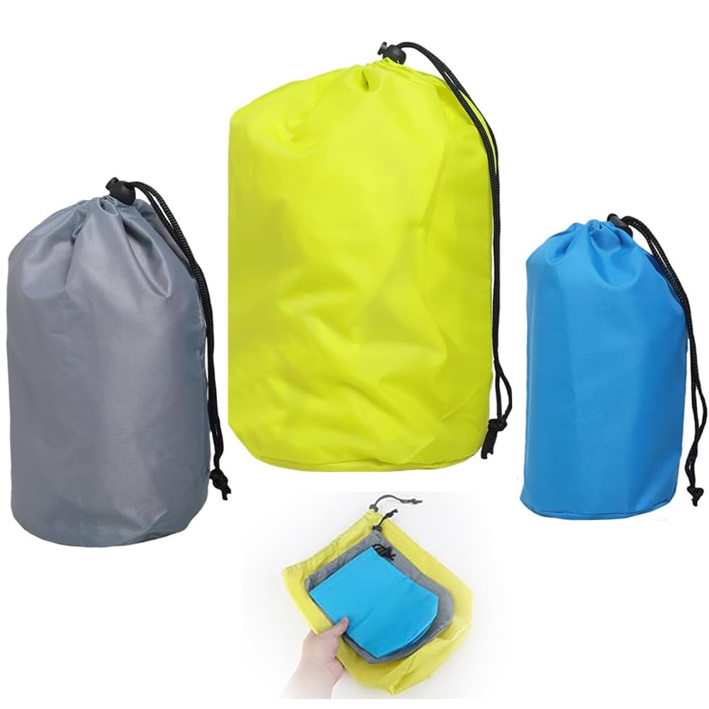 Wanfoou Stuff Sack, 3 Pack Waterproof Outdoor Storage Sack Portable Drawstring Dust Flap Bag for Camping Boating Hiking Travel Beach Sandbags, Sky Blue, Yellow,Gray, S/M/L