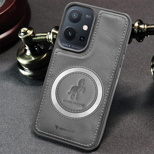 Image of Vaku Luxos Astrid Back Cover Case for Vivo Y75 5G Leather Stitched Magnetic Magsafe Wireless Charging TPU Phone Case Camera Screen Protector- Grey