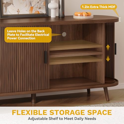 DWVO Fluted Sideboard Buffet Cabinet with Storage,54.3" Wide Curvy Edge Accent Storage with Sliding Door & Adjustable Shelf, Mid Century Modern Console for Living Room, Kitchen, Hallway-Walnut