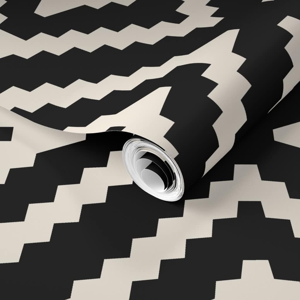 Removable Wallpaper 6ft x 2ft - Boho Black Tan White Neutral Geometric Custom Pre-Pasted Wallpaper by Spoonflower