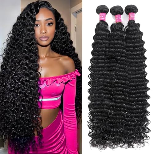 Deep Wave Human Hair Bundles 12A Brazilian Deep Curly 3 Bundles for Black Women 14 16 18 Inch 100% Unprocessed Wet and Wavy Bundle Human Hair