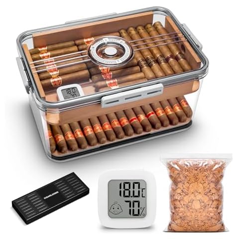 HANCIGAR Cigar Humidor Transparent Acrylic Cigar Humidor with Spanish Cedar Shelf Cigar Storage Box with Hygrometer and Humidifier Capable for 80-100 Cigars (Large) Cover