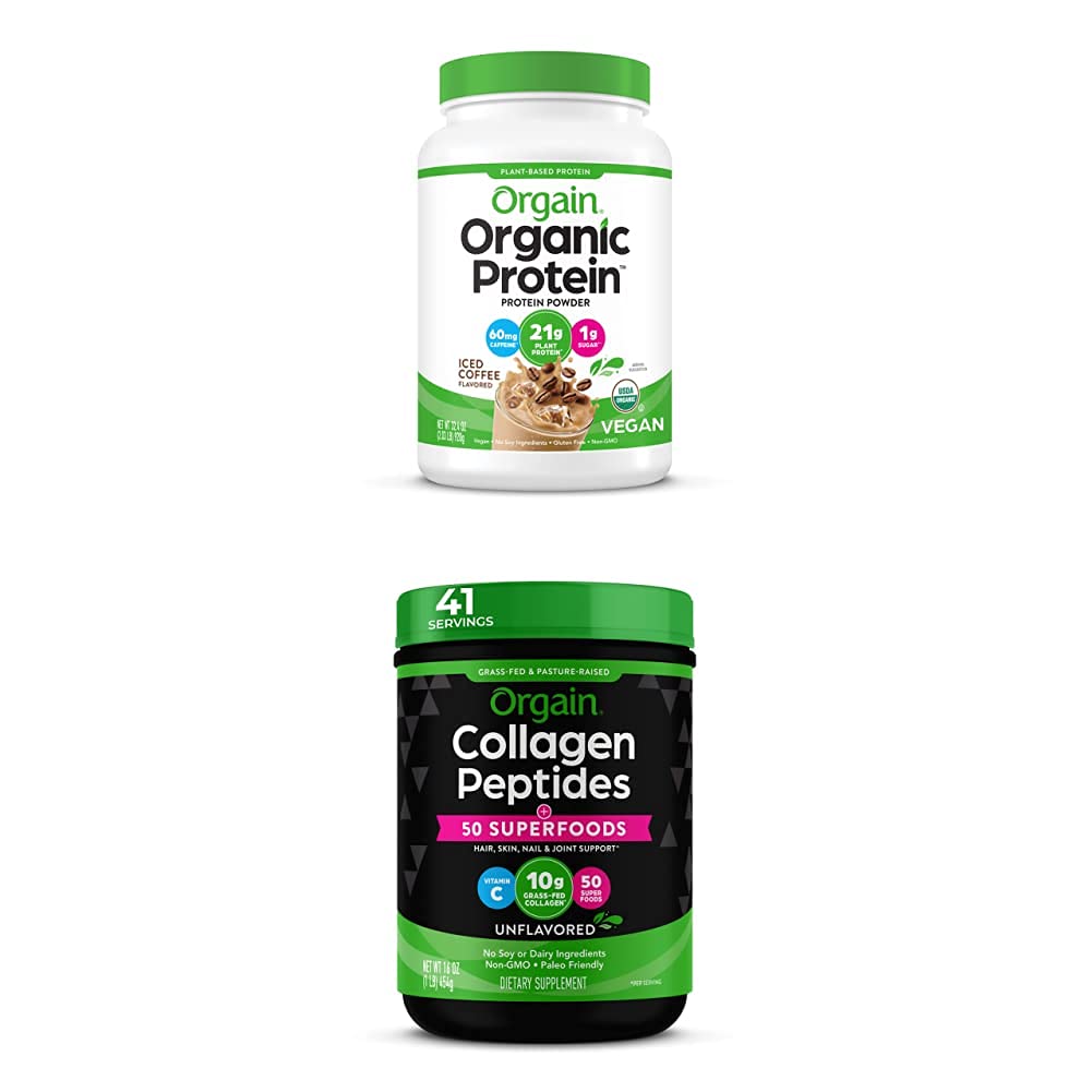 Orgain Organic Plant Based Protein Powder, Iced Coffee, 2.03 Lb + Organic Collagen + 50 Superfoods Powder, Type I & III, Amino Acid Supplement, Packed with Spin
