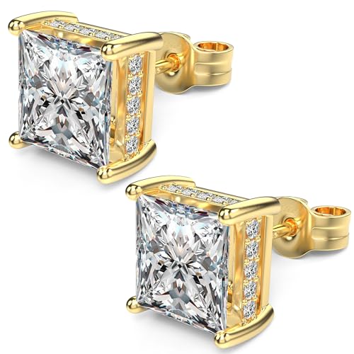 18K White Gold Plated Sterling Silver Princess Cut Square Cubic Zirconia Stud Earrings for Women Men Clear CZ Diamond Stud Earrings