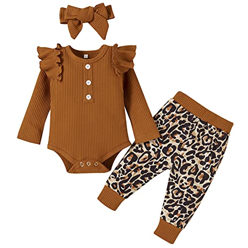 Image of DaMohony Newborn Baby Girl Clothes Outfit Infant Ruffle Romper Pants Set Cheetah Print Outfits Baby Clothes for Girl 6-12M