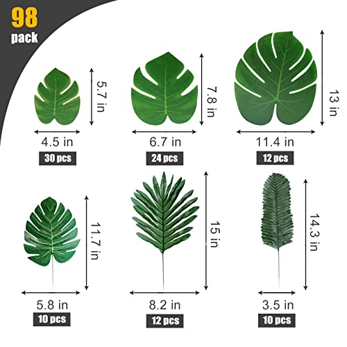 Cewor Palm Leaves 98Pcs Artificial Tropical Monstera 6 Kinds Green Fake Palm Leaf Decorations With Stems For Safari Jungle Hawaiian Luau Party Table Decoration Wedding Birthday Theme Party #TOP1