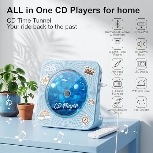 Image of Gueray CD Player Portable Bluetooth Desktop CD Player for Home with Timer Built-in HiFi Speakers with LCD Screen Display Boombox FM Radio USB Type-c (Blue)