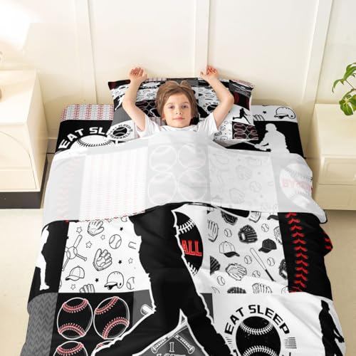 Image of Castle Fairy Baseball Player Bed Sheet Set Twin Size,Sports Geometric Grid Red Grey Sheet Set Kids Teens,Patchwork Baseball Bedding Decor Set with 1 Flat & 1 Fitted Sheet with 1 Pillow Sham