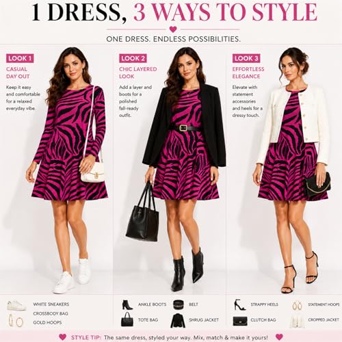 Vestido de manga larga estampado cebra mujer minivestido rosa neón evasé 40-42 6