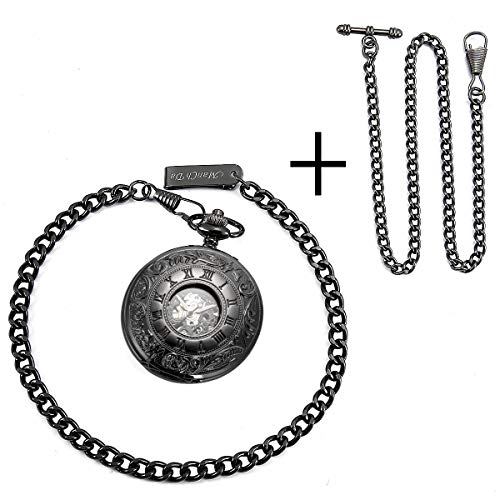Image of ManChDa Mechanical Roman Numerals Dial Skeleton Pocket Watches with Box and Chains for Mens Women