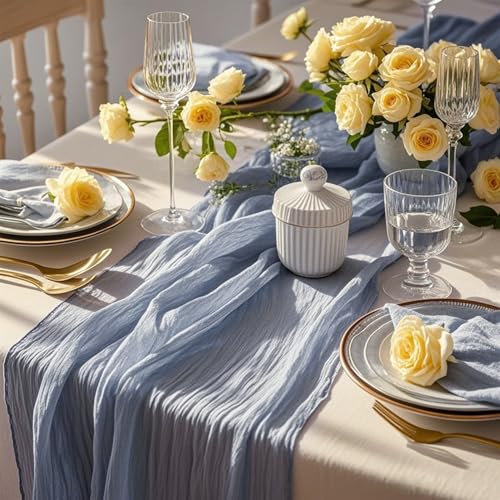 6 Pieces Cheesecloth Table Runners 10 Ft Gauze Table Cloth for Boho, Rustic Wedding Arch, Baby Shower Decorations Birthday Party (6, Dusty Blue) by eQFeast - Image 2