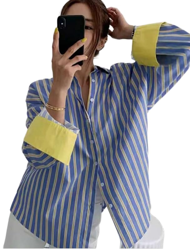 pataka devi Women Pure Cotton Striped Formal Shirt with Classic Collar, Soft Breathable Fabric, Regular Fit Office Wear Top for Daily Workwear and Smart Casual Styling in Blue-picture-42