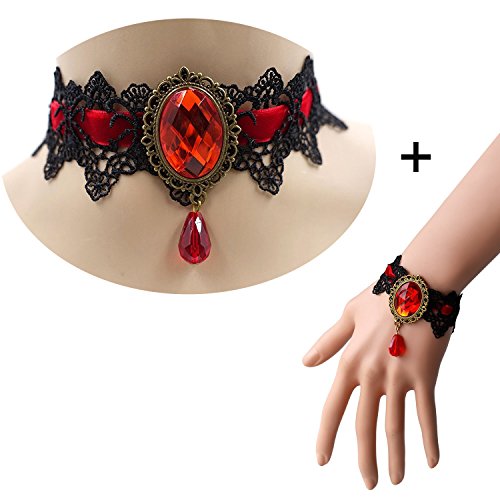 Youniker Retro Handmade Choker Necklace And Bracelet Jewelry Set For Halloween Costume Party Women Gothic Black Lace Necklace Punk Royal Court Vampire Choker Pendant Chain(Red) #TOP1