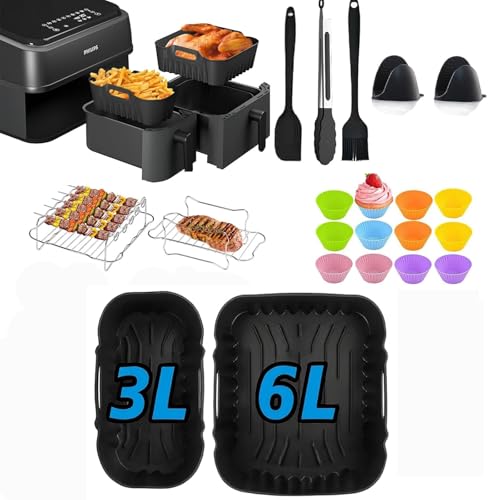 Airfryer Baking Tray, 26 Pieces Silicone Air Fryer Accessories for Philips Airfryer 3000/5000 Series, Air Fryer Accessories Includes a Rack, Bread Pans, Kitchen Tongs