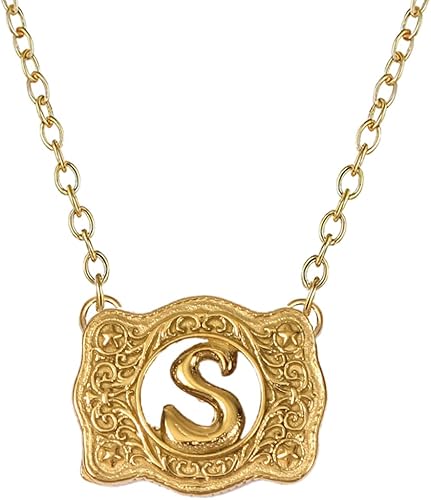 14K Gold Belt Buckle Necklace Western Style Initial Letter Pendant Necklace, Decorative Belt Buckle Frame Design