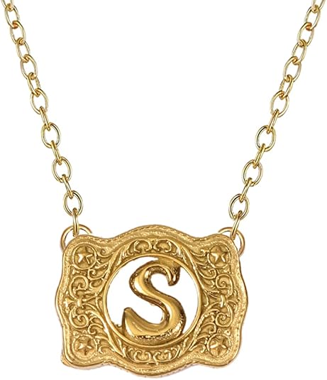 14K Gold Belt Buckle Necklace Western Style Initial Letter Pendant Necklace, Decorative Belt Buckle Frame Design