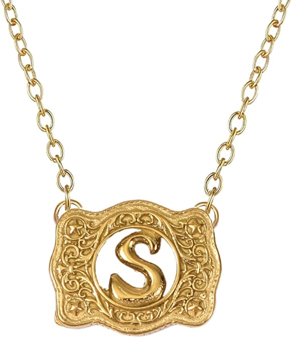 14K Gold Belt Buckle Necklace Western Style Initial Letter Pendant Necklace, Decorative Belt Buckle Frame Design