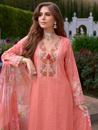 Image of INDO ERA Women's Straight Pure Cotton Floral Embroidered Kurta & Pant with Dupatta Set (IEOUT10718)