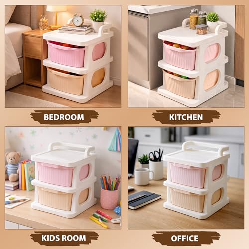 Image of JD Fresh 2 Tier Rolling Drawer Storage Organizer /Plastic Modular Chest of Drawers /Sliding Storage Rack for Clothes with Wheels /Multipurpose Drawer Cabinet for Living Room /Kids Room /Office (Multicolor)