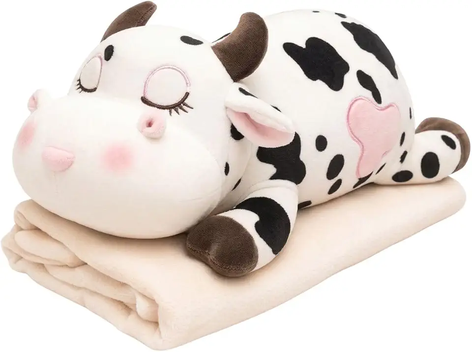 Pelúcia com Manta 2 em 1 Premium Infantil – Bichinhos Fofos com Zíper e Cobertor Embutido Super Macio Antialérgico (Vaquinha)