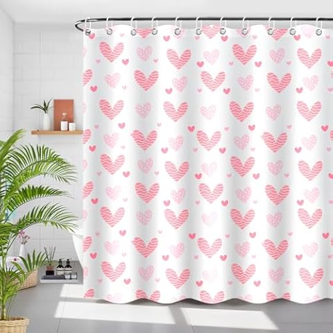 LSYDCARM Valentine's Day Shower Curtain, Pink Romantic Heart Shower Curtain for Bathroom, Waterproof Washable Valentines Day Bathroom Decor with 12 Hooks, 71"x71" Cover