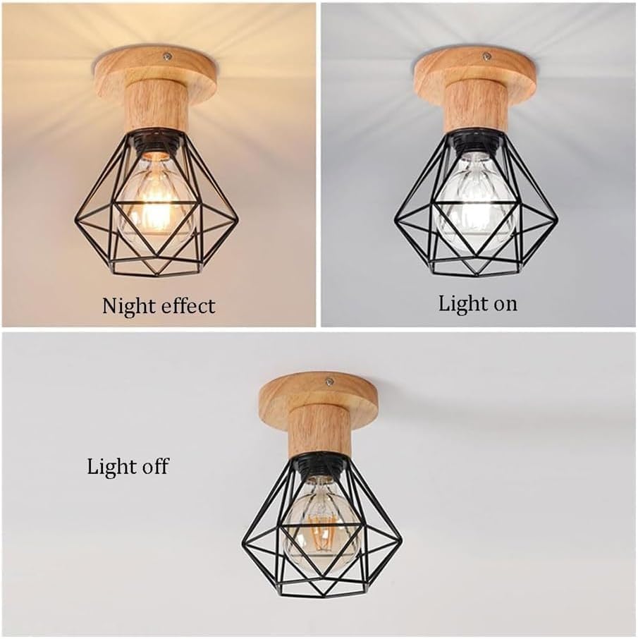American Style Modern Ceiling Light, E27 Industrial Farmhouse Ceiling Lamp, Wood Base Black Metal Geometric Cage Flush Mount Light Fixture, for Hallway Entryway Bedroom Kitchen