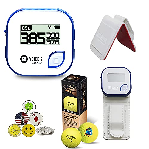 GolfBuddy Voice 2 Golf GPS/Rangefinder Bundle with 1 Magnetic Hat Clip and 5 Ball Markers and Saintnine 3 Ball Sleeve and Belt Clip (White)