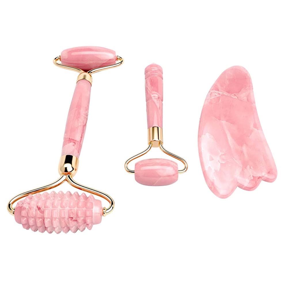 Juego de rodillos de cuarzo rosa con Gua Sha para rostro, natural, auténtico, masajeador de cristal facial, ojos, tonos, firmas, 2 unidades