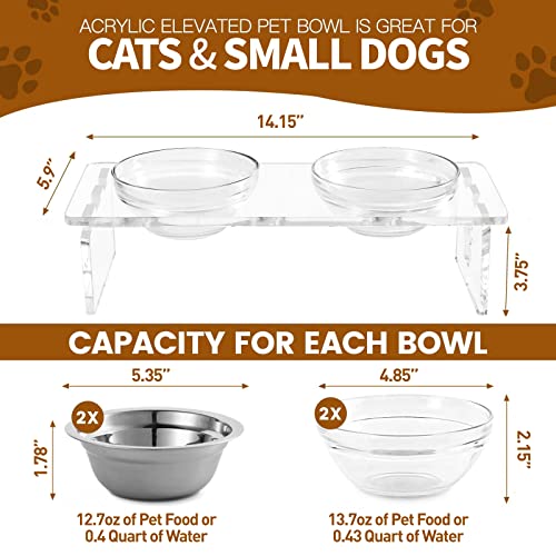 Dog And Cat Bowls Elevated Set - Acrylic Feeder Stand With 2 Set Removable Stainless Steel And Glass Bowls Food And Water Raised Dishes For Small Pet,3.75 Inches #TOP3