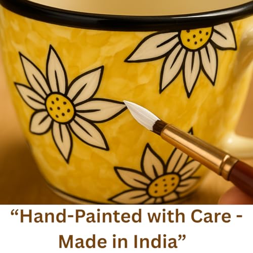 Image of KITTENS Ceramic Mug Set of 4 - 375ml | Yellow Floral Hand-Painted Design | Microwave & Dishwasher Safe | Food Grade | Tea, Coffee, Snacks | Ideal Gift for Home, Office & Festive Gifting