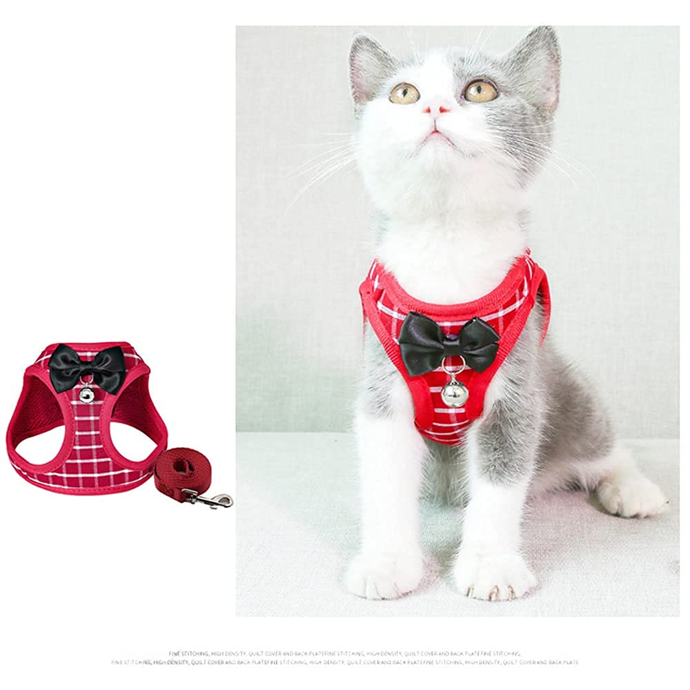 襟付きハーネス(赤チェック)&リードセット、わんちゃん猫ちゃん用