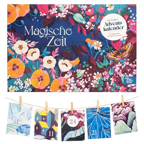 Tiempo mágico- Calendario de Adviento de semillas orgánicas- Un mar de flores silvestres 24 bolsas de papel para calendario de adviento con semillas de flores de Magic Garden Seeds