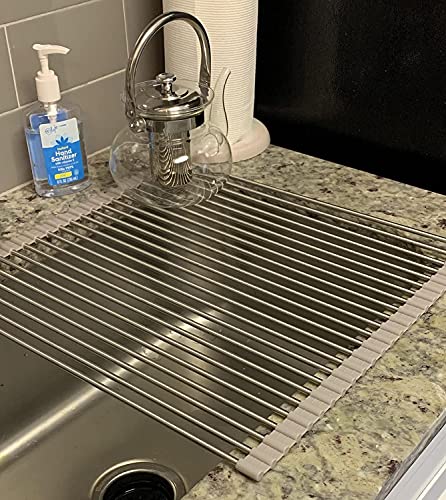 Image of AHYUAN Wide Roll Up Dish Drying Rack Over The Sink Folding Dish Rack Portable Dish Drainers For Kitchen Sink Counter Roll-Up Drying Rack Rv Foldable Dish Drying Rack Grey (16.2''Wx17.8''L)(Metal)