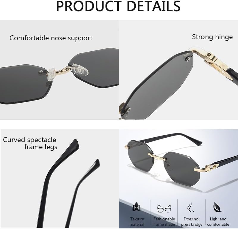 Rimless Octagon Sunglasses Narrow Cut PC Lens Frameless Metal Decor Fashion Shades image 4