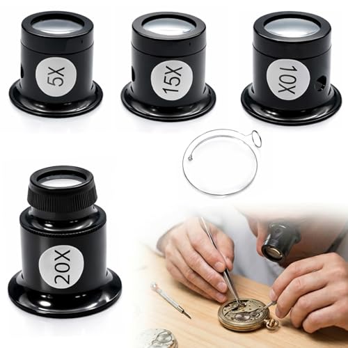 4 Pièces Loupe Horloger Kit 5X 10X 15X 20X Loupe Bijoutier avec Porte-Fil Loupe Grossissante pour Montre Réparation Outils Horlogerie et Détails Précis