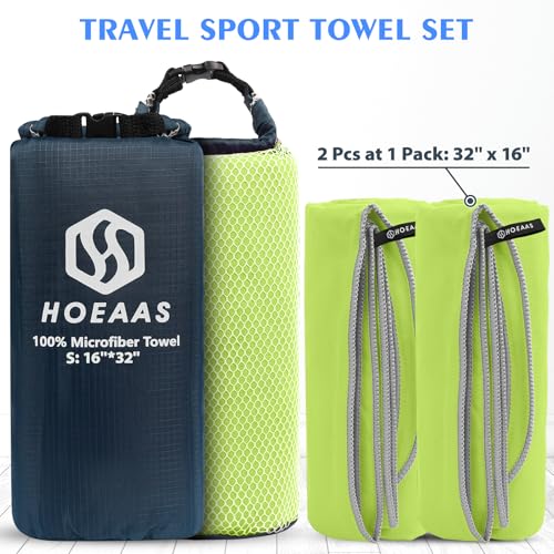 HOEAAS 2 Pack Microfiber Camping Towels, Quick Dry Towel, Super Absorbent Ultra Compact Travel Towel Soft Lightweight Sports Towel for Sweat Fast Drying Towels for Pool,Gym,Hiking,Backpacking,Fitness