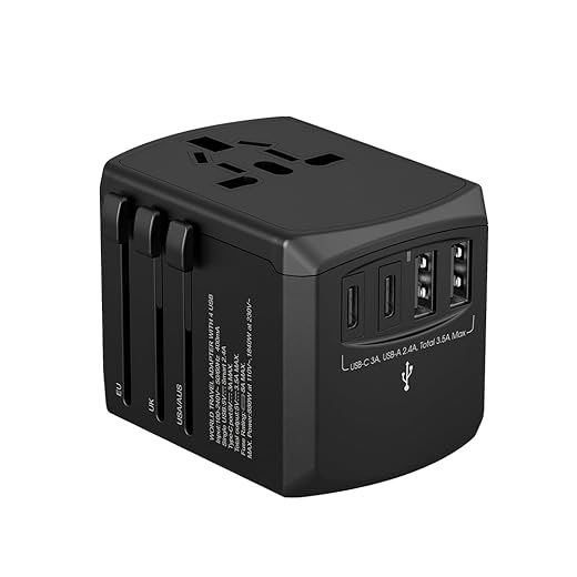 Xoopar - Universal Adaptator Charger Travel - Compatible with 150+ Countries (US UK CA AU FR EU)- All-in-One with 2 USB Type-A and 2 USB-C - 110/230V - Tripper Adaptator Black