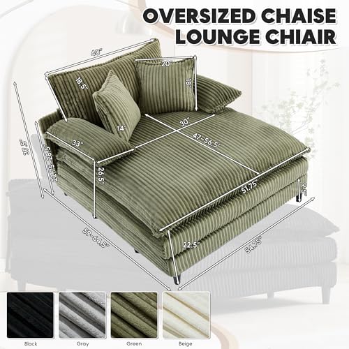 Image of Oversized Chaise Lounge Chair Indoor with 5-Position Adjustable Backrest, 54.8 inch Upholstered Corduroy Deep Seat Single Cloud Sofa Chair, Fluffy Modern Sleeper Couch Bed for Living Room, Green