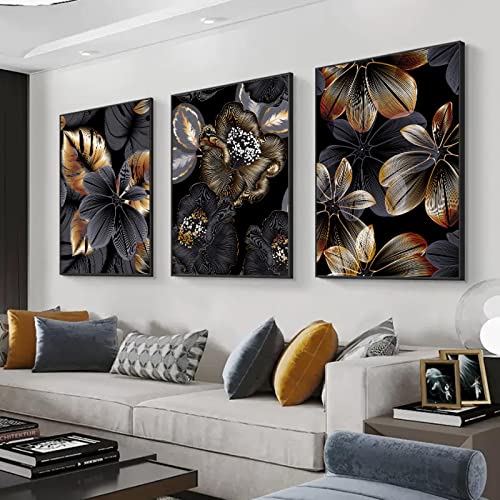 Affiches fleurs de camélia noires et dorées en toile 30x45cm avec cadre