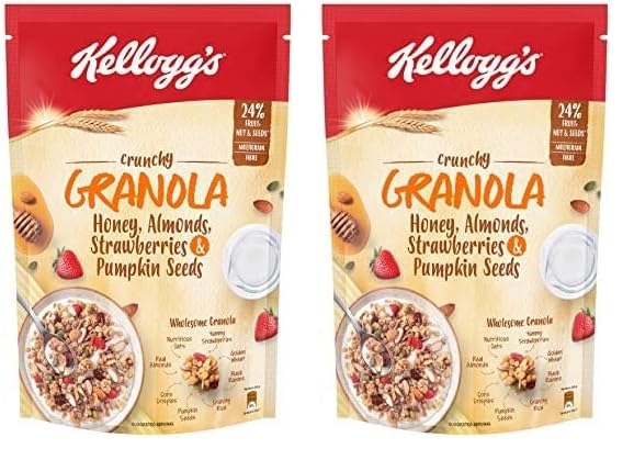 Image of Kellogg's Crunchy Granola Honey, Almonds, Strawberries & Pumpkin Seeds 450g | 24% Fruit, Nut & Seeds, Baked Multigrain | Source of Fibre | Breakfast Cereal (Pack of 2)